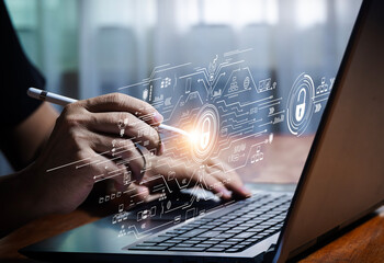 Business concept and virtual screen of online security plan Man using laptop for data protection and secure online payment Internet Cyber ​​Security Technology and Data Encryption hacker protection