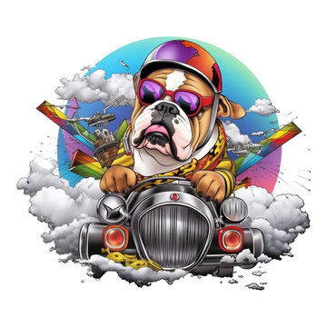 Aviator English Bulldog t-shirt design, an English Bulldog wearing a leather helmet and aviator goggles, flying a biplane through a rainbow-colored sky, surrounded by clouds and unicorn, Generative Ai