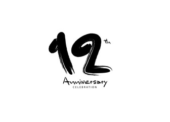 12 Years Anniversary Celebration logo black paintbrush vector, 12 number logo design, 12th Birthday Logo, happy Anniversary, Vector Anniversary For Celebration, poster, Invitation Card
