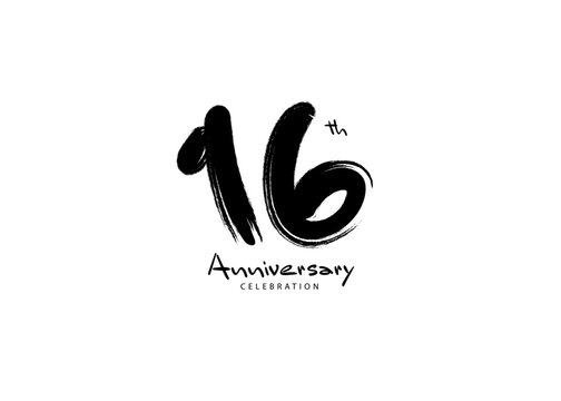 16 Years Anniversary Celebration logo black paintbrush vector, 16 number logo design, 16th Birthday Logo, happy Anniversary, Vector Anniversary For Celebration, poster, Invitation Card