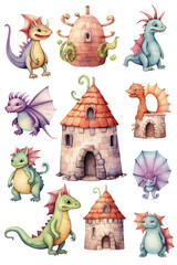 dragon dungeon and castle watercolor clipart cute isolate on white background