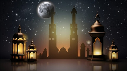 Fototapeta na wymiar islamic background with moon lanterns and mosque for ramadan eid ul fitr and eid al adha eid milad muharram generative ai