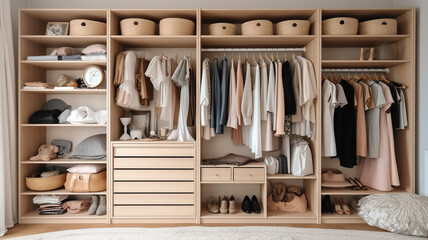 Fototapeta na wymiar Big wardrobe with different clothes for dressing room. Generative Ai