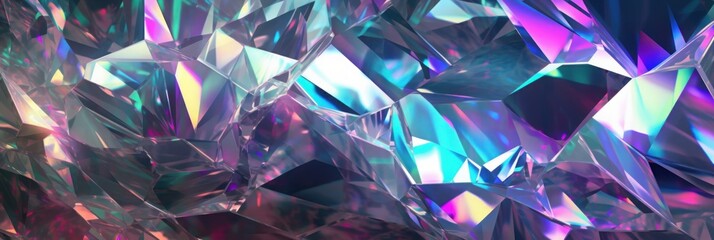 3d render, abstract crystal background, iridescent texture, macro panorama, faceted gem, wide panoramic polygonal wallpaper, Generative AI