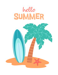 hello summer illustration with palm tree and surfboard