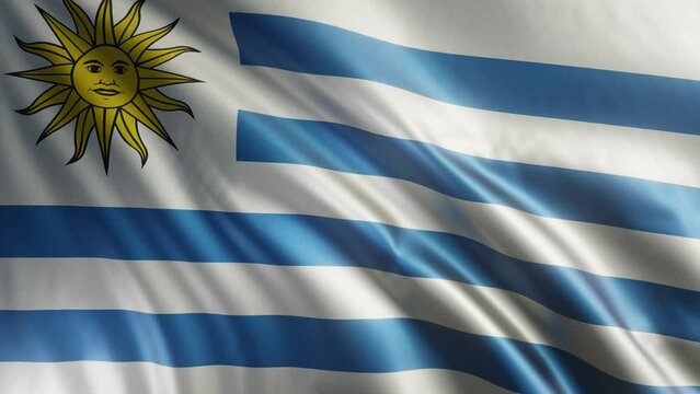 Uruguay flag waving in wind. Realistic Uruguay Flag background with fabric texture. Uruguay Flag waving Closeup 4k loop footage.