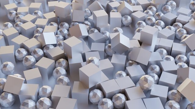 Abstract 3d rendering of chaotic geometric shapes. Randomly placed geometric objects. Reflective surface pattern