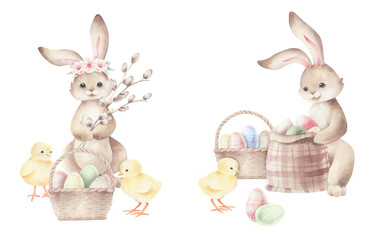 Watercolor composition with easter bunny with basket of eggs.