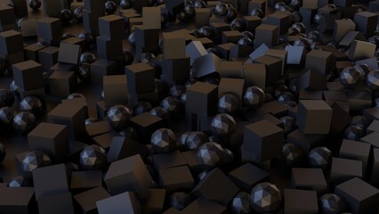 Abstract 3d rendering of chaotic geometric shapes. Randomly placed geometric objects. Reflective surface pattern