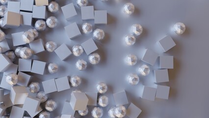 Abstract 3d rendering of chaotic geometric shapes. Randomly placed geometric objects. Reflective surface pattern