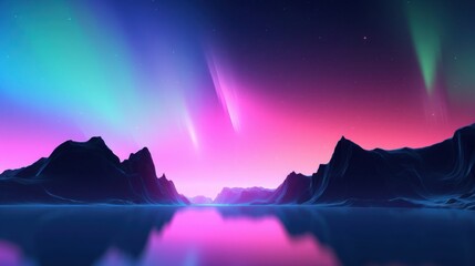 3d render, abstract panoramic background. Seascape with cliffs under the pink blue night gradient sky with northern lights, fantasy scenery wallpaper with Aurora, Generative AI