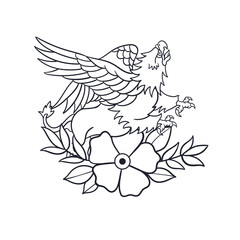 Hand drawn illustration of gryphon traditional tattoo outline