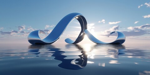 3d render, abstract futuristic background, northern panoramic landscape, fantastic scenery with calm water, geometric glossy chrome infinity shape and, Generative AI - obrazy, fototapety, plakaty