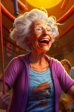 Caricature painting of a energyc joyful elderly woman - ai generative