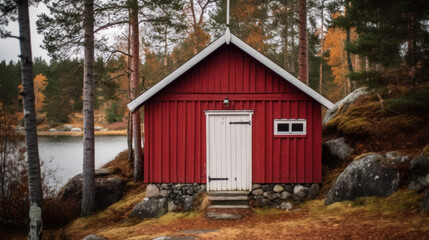 Fototapeta na wymiar Red Wooden Cabin in Forest by the Lake, Rustic Retreat Generative AI