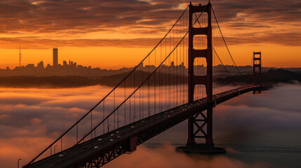 Obraz premium Aerial View of Bridge Over a Sea of Clouds at Sunset, Generative AI