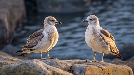 Obraz premium Pair of Seagulls Perched on a Rock by the Sea, Generative AI