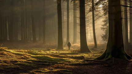 Man Walking in the Distance Through a Forest with Tall Trees at Sunset, Generative AI