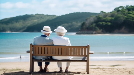 Elderly Couple Sitting on a Bench, Gazing at the Sea, Generative AI