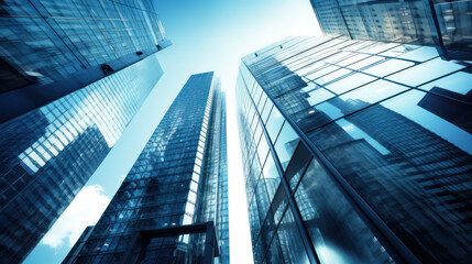 Fototapeta na wymiar Upward Shot of Blue-Toned Skyscrapers, Business City Concept, Generative AI
