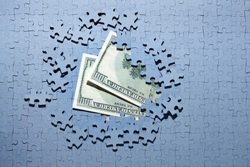 missing puzzle pieces on american dollars background, save money background, inflation,...