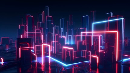 Fototapeta premium 3d render, abstract neon city at night with red blue glowing lights, background with geometric shapes and lines, Generative AI