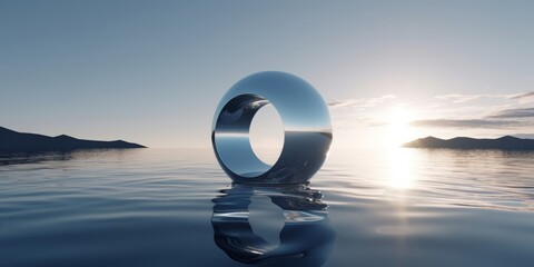 3d render, abstract minimalist background, futuristic landscape, fantastic seascape with calm water, polished chrome ring and silver ball under the plain gradient sky. Fantasy panoramic, Generative AI - obrazy, fototapety, plakaty