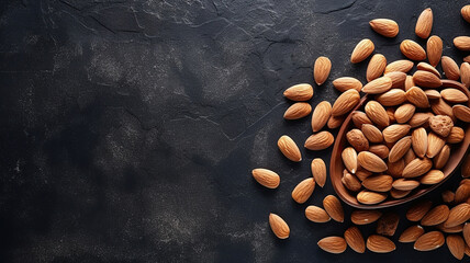 Top view of almonds on dark stone table. Generative Ai