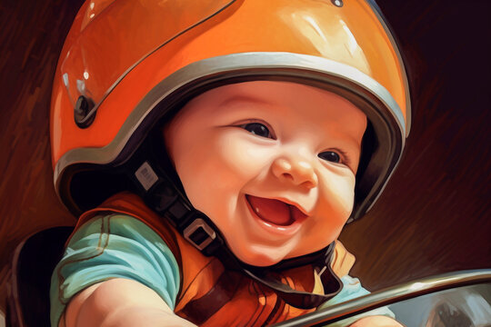 Illustration painting of an energic joyful and smiling newborn baby with motorbike helmet  - ai generative