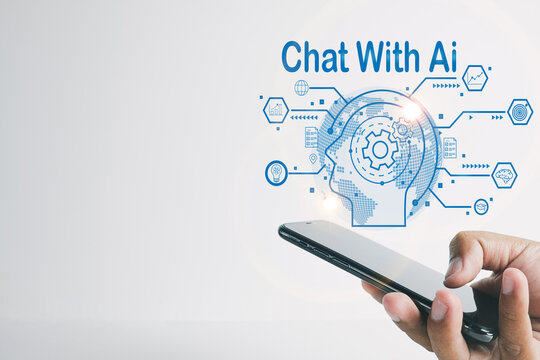 Chat with Ai(Artificial Intelligence) concept.,Photo of hand holding smartphone with Ai(Artificial Intelligence) for assistant vitual screen over white background use for technology,business idea.
