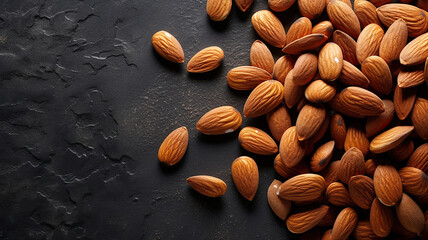 Top view of almonds on dark stone table. Generative Ai
