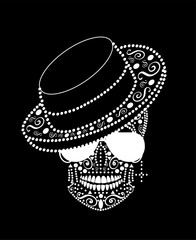 Skull vector black and white with hat, white sunglasses and cross earring 