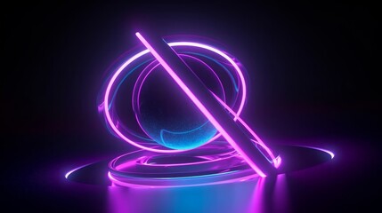 3d render, abstract geometric shape with neon light, levitating metallic ball with glowing ultraviolet rings, Generative AI