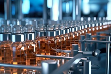 Hintergrund der pharmazeutischen Herstellung mit Glasflaschen mit klarer Flüssigkeit auf einer automatischen Förderlinie , Generiert mit KI	
