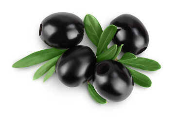 Black olives with leaves isolated on a white background with full depth of field. Top view. Flat lay