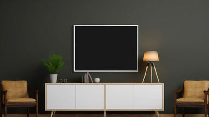 Mockup frame on cabinet in living room interior on empty dark wall background. Generative Ai