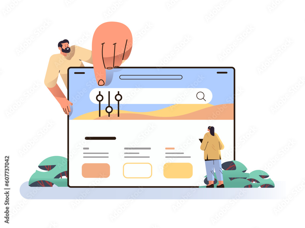 Poster people using filtering service online application on laptop screen filter search result grouping and