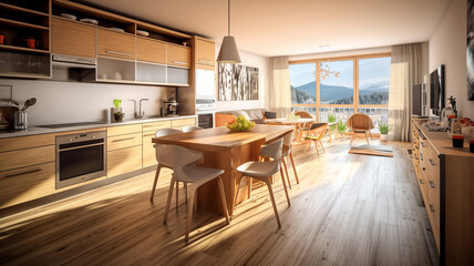 Modern interior Apartment Living and Kitchen design with wooden furniture. Generative Ai