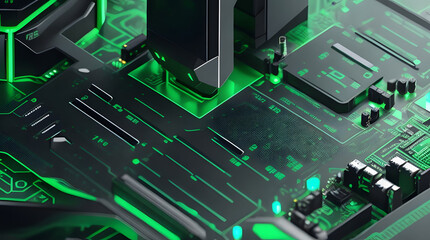 Fototapeta premium close up of green futuristic circuit board motherboard with components created with generative AI technology