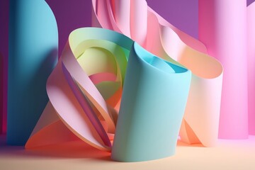 3d render, paper ribbon rolls, abstract shapes, fashion background, swirl, pastel neon scrolls, curl, spiral, cylinder, Generative AI