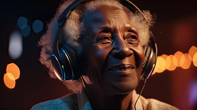 Portrait Of Happy African Old Woman In Headphones