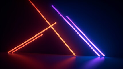 Naklejka na ściany i meble 3d render, abstract minimal neon background with glowing lines. Dark wall illuminated with led lamps. Blue orange wallpaper, Generative AI