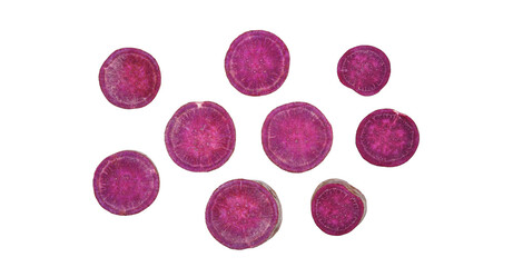 Slices of purple sweet potato isolated on transparent background. PNG