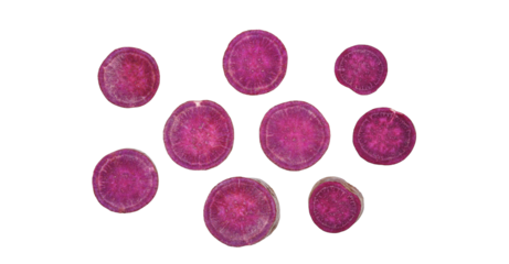 Slices of purple sweet potato isolated on transparent background. PNG