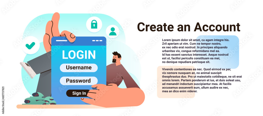 Poster man login to social media app mobile or computer application users entering username and password cr
