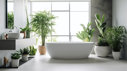 Fototapeta na wymiar Modern white tub and beautiful green houseplants in bathroom. Generative Ai