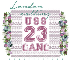 lettering floral and ethnic figures print pattern