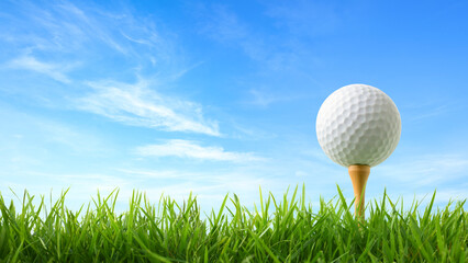 Golf ball with tee on green grass with blue sky background.