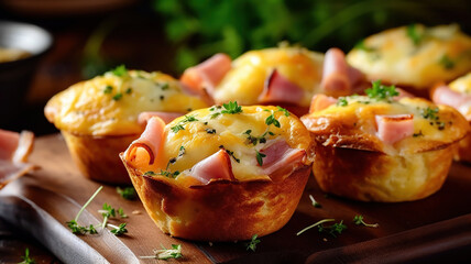 Delicious egg muffins with ham, cheese. Generative Ai - obrazy, fototapety, plakaty