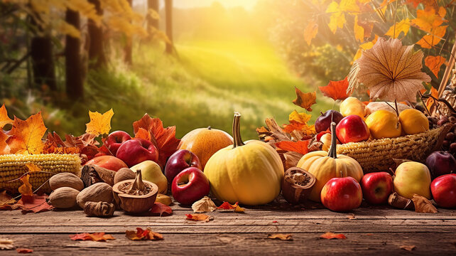 Autumn nature background border with food. Generative Ai